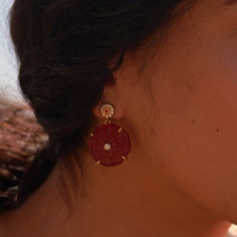 Ruby Red Carved Flower Earrings