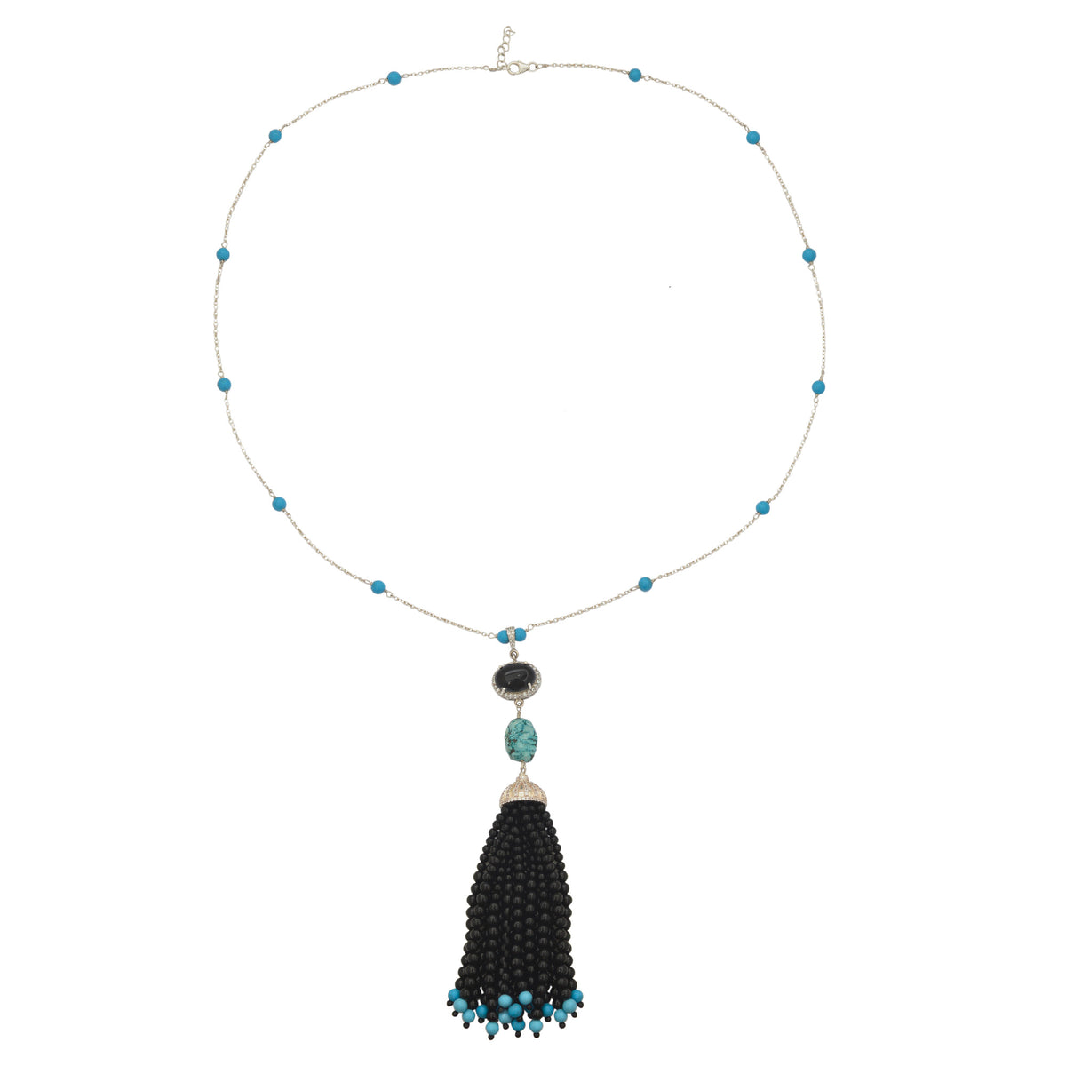 Turquoise and Black Onyx Tassel Necklace