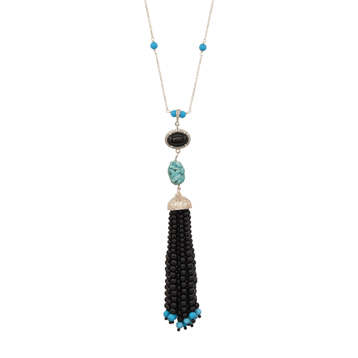 Turquoise and Black Onyx Tassel Necklace