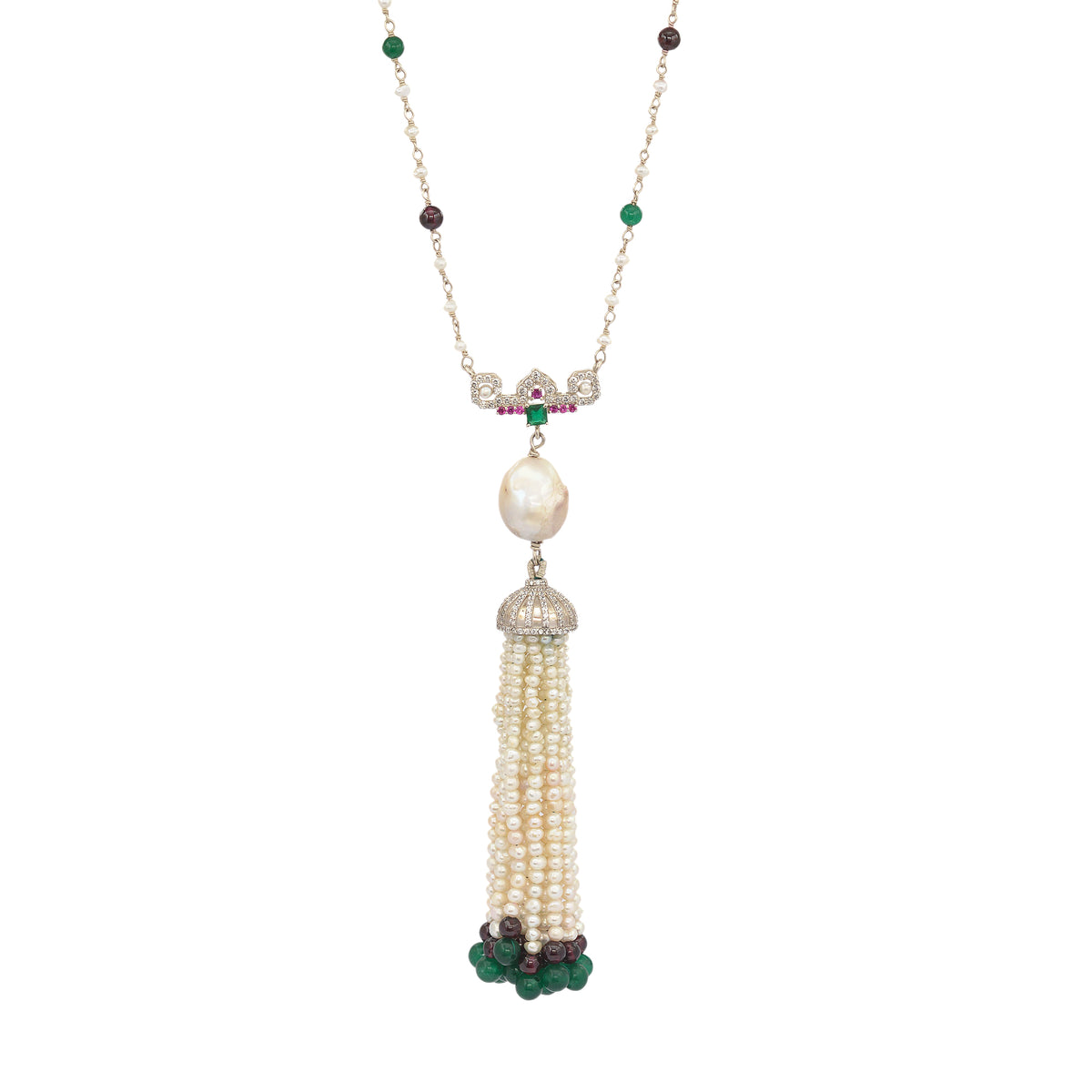 Pearl, Garnet And Aventurine Tassel Necklace