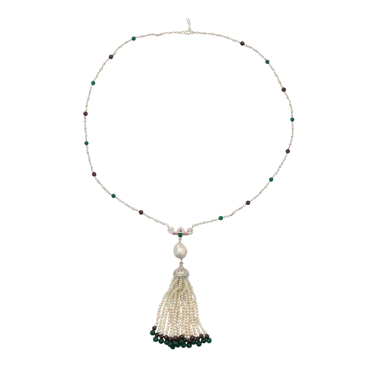 Pearl, Garnet And Aventurine Tassel Necklace