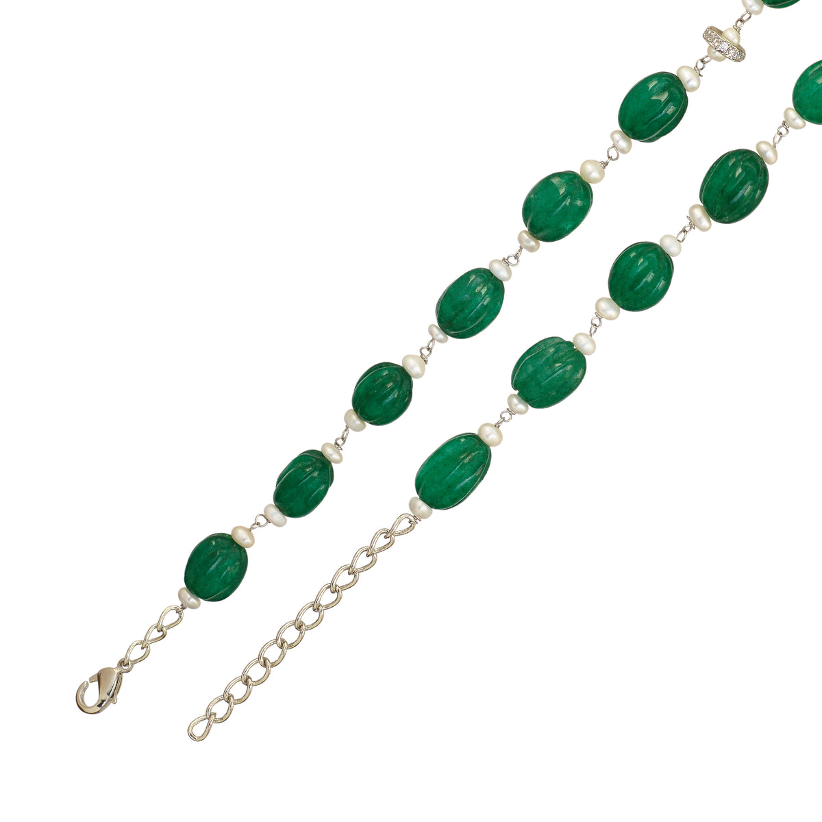 Green Carved  and Small Pearl Chain - Brass