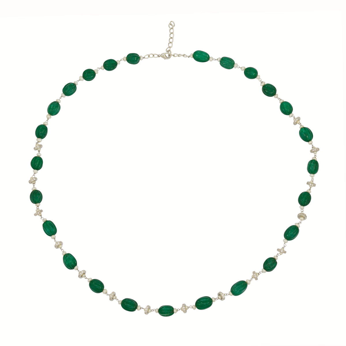 Green Carved  and Small Pearl Chain - Brass