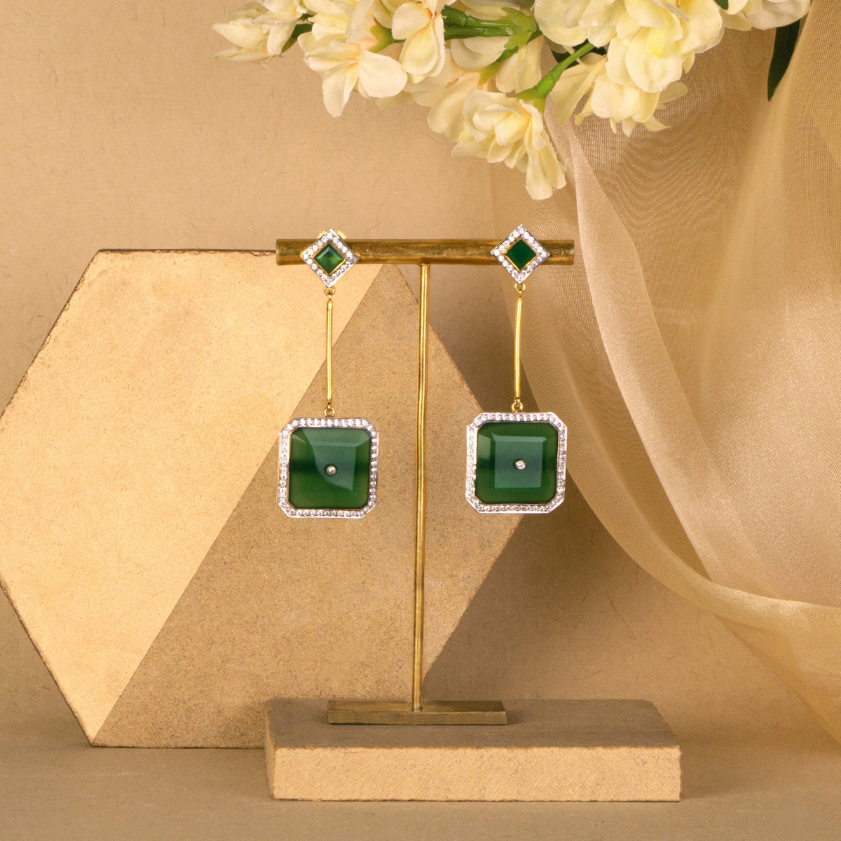 Green Onyx Square Earrings