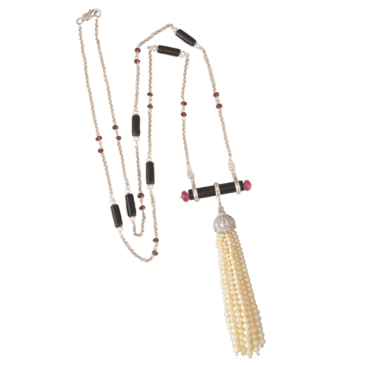 Onyx & Ruby Pearl Tassel Necklace