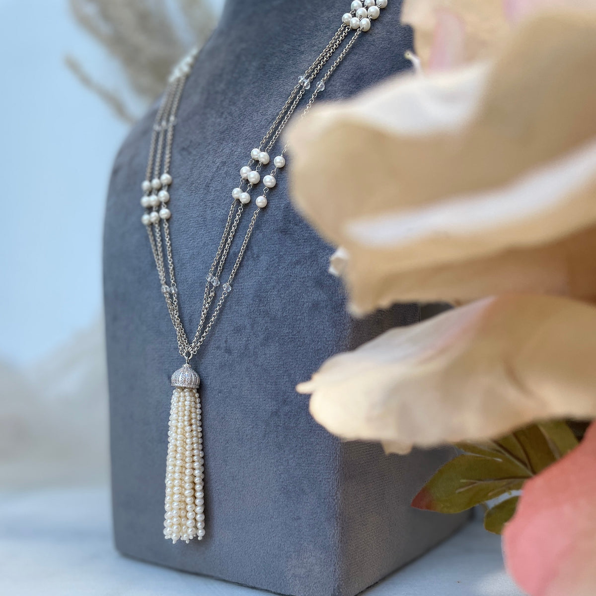 Pearl 3 String Tassel Necklace