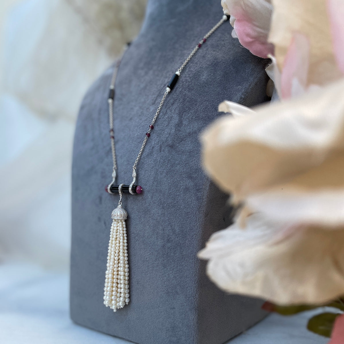 Onyx & Ruby Pearl Tassel Necklace